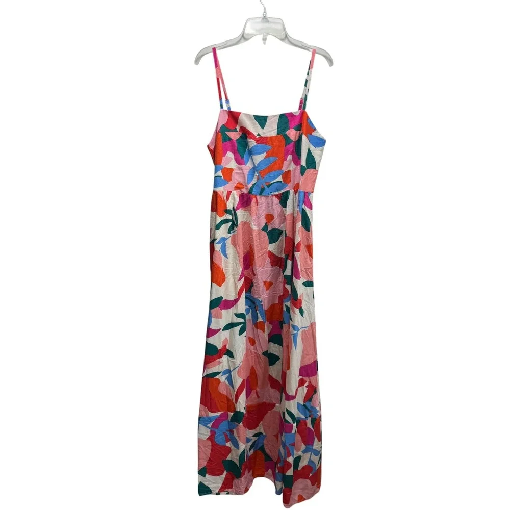 Boho Smocked Floral Maxi Dress Square Neck Spaghetti Strap Pocket Cottagecore M